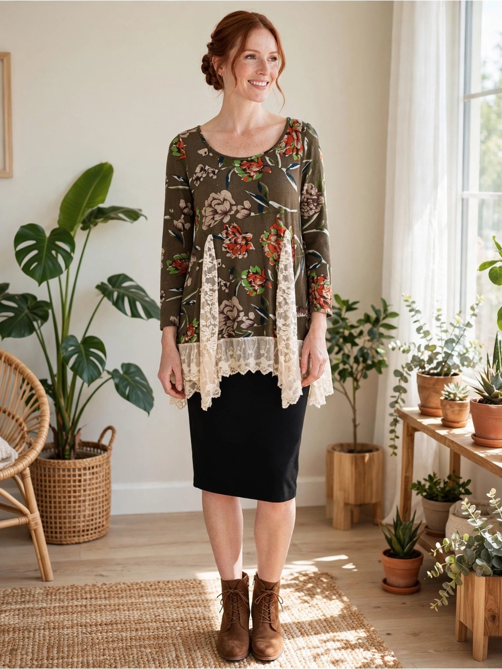 Entro Brown Floral Tunic Top Size S Lace Trim Scoop Neck Boho